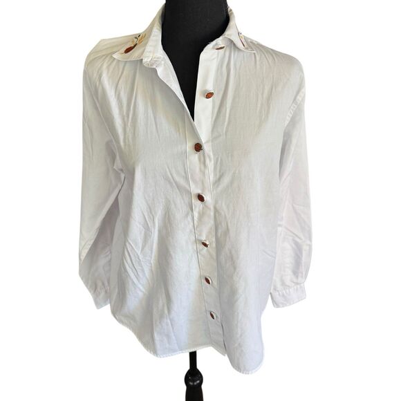 Vintage white button down with autumn embroidered trim Pumpkin Buttons Small‎ - Picture 9 of 16